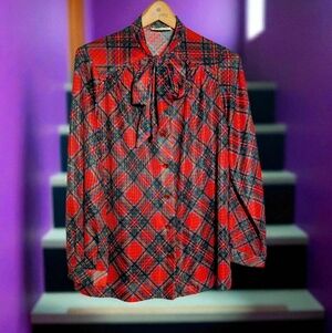 Vintage Phyllis Sidney XL Red Metallic Plaid Blouse with Bow Tie Shaker Sport